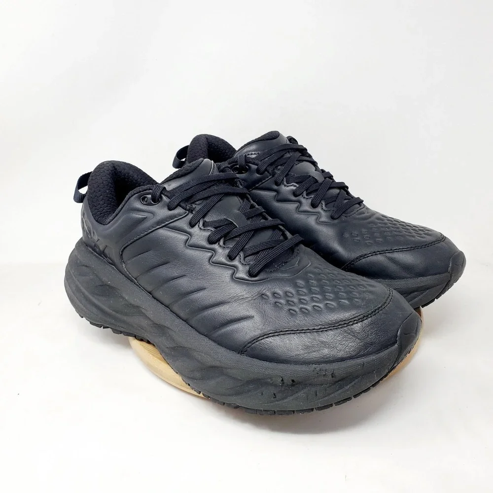 Hoka One One Bondi SR Shoes Mens 9.5 2E WIDE Triple Black Leather Work Sneaker